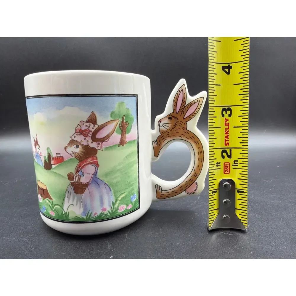 Vintage Art Mark Easter Bunny Rabbit Handle Ceramic Mug Kite Garden Scene 8 Oz